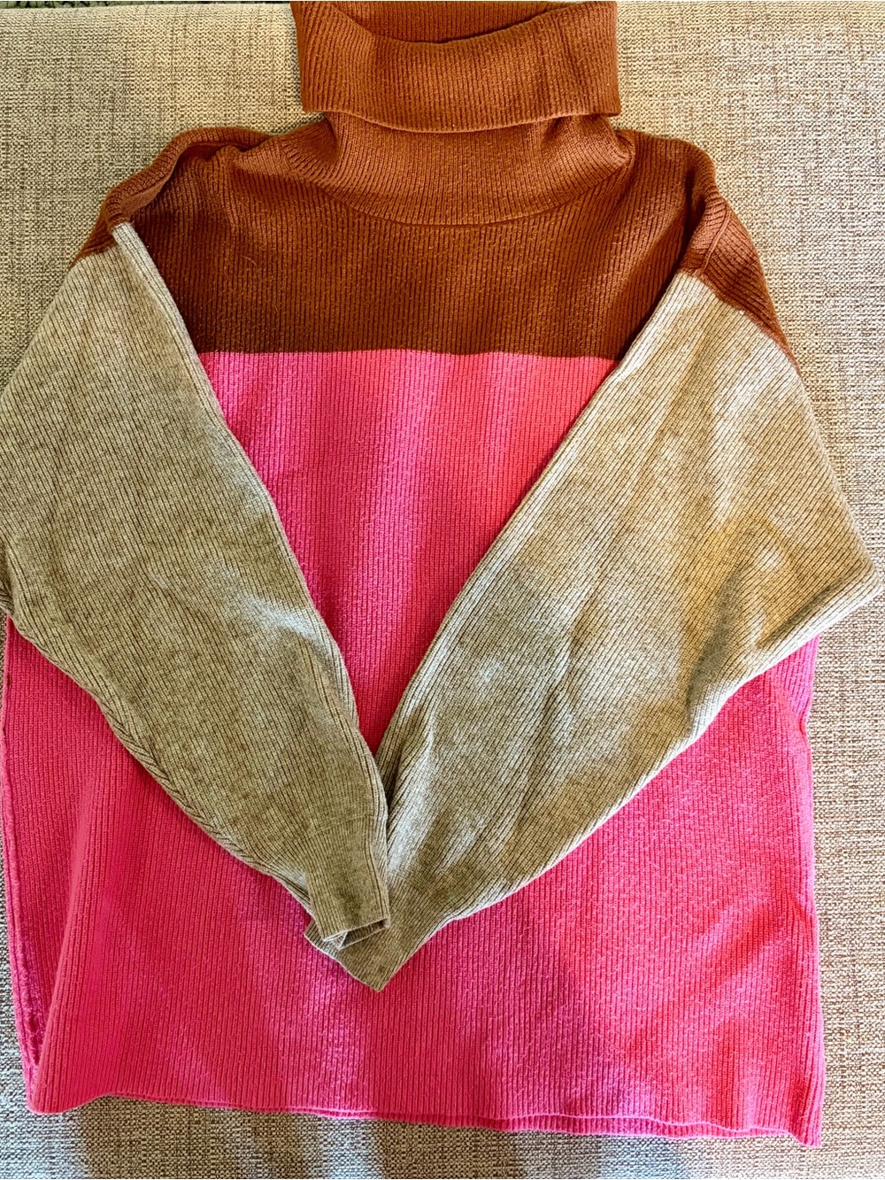 Free People Colorblock Turtleneck Sweater in Brown, Pink & Tan